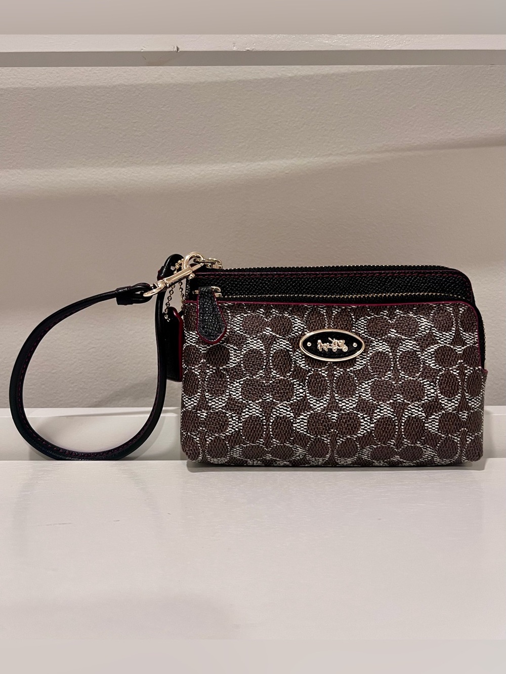 Coach Brown Signature Double Zip Wristlet with Black Strap